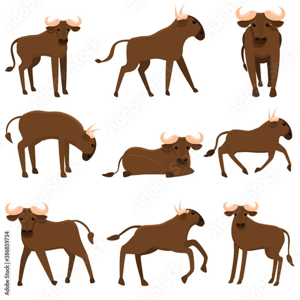 Fototapeta Wildebeest icons set. Cartoon set of wildebeest vector icons for web design