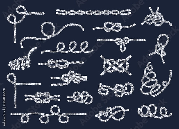 Fototapeta Sea rope knots and loops set. Marine rope and sailors ship knot, cord sailor borders, knot sail, package rope, looped string, nautical loop vector illustration