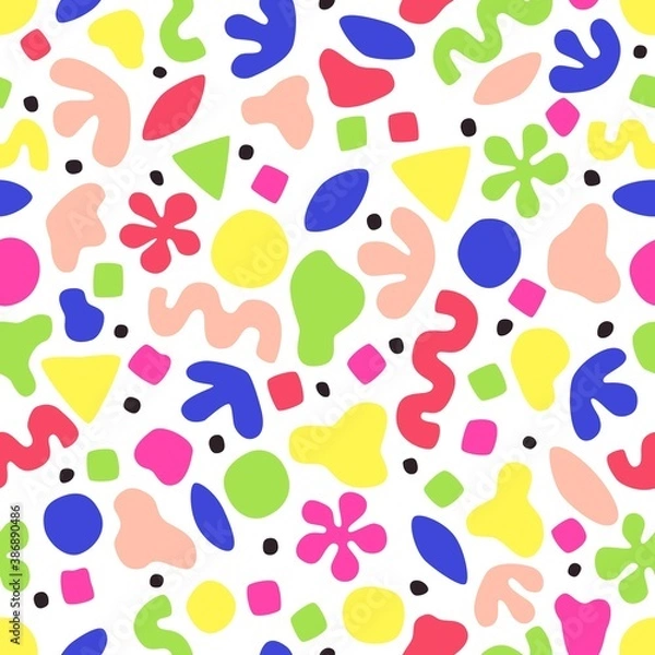 Fototapeta Cute seamless pattern. Memphis retro vintage style. Vector hand drawn artwork. Geometrical shapes. Happy birthday confetti. Red, pink, blue, green, yellow, black colors. Trendy template, print, banner