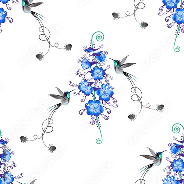 Fototapeta The stylized image of hummingbirds and flowers. Decorative image of a delphinium. Vector graphics. Seamless pattern