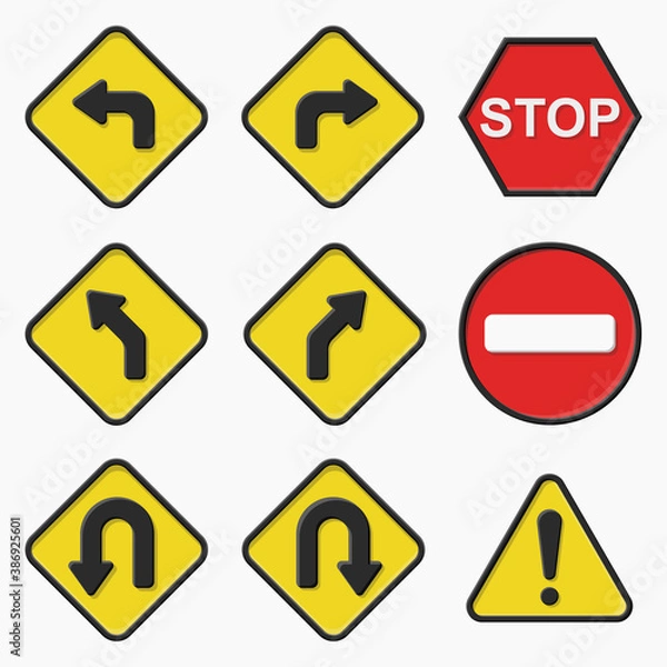 Fototapeta Set of road signs, vector illustration isolated on white background. Traffic sign concept, different shapes and forms.