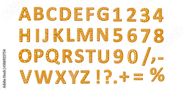 Fototapeta Piernikowe ciasteczka alfabet i cyfry ilustracji wektorowych w stylu płaski kreskówka na białym tle. Czcionka ciasteczek imbirowych.