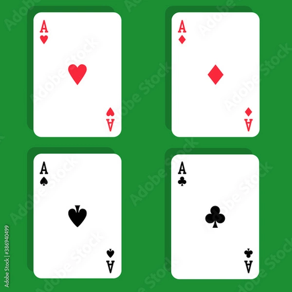 Fototapeta four ace cards on a green background. Vector. Red and black suits. Booby. Worms. Blame. Peaks. Green background.