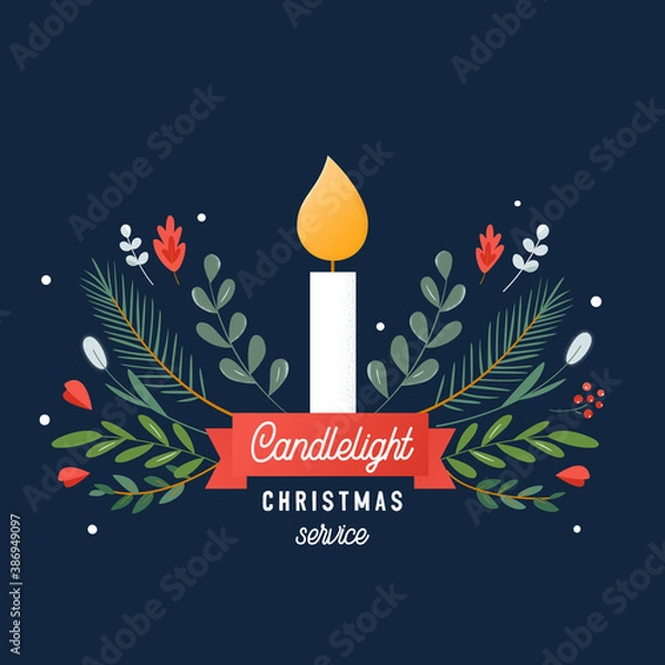 Obraz Candle and Ornaments Christmas Eve Candlelight Service Invitation. Vector Design