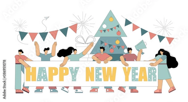 Obraz People are holding a banner with the inscription Happy New Year. New year concept. Vector illustration isolated on white background.