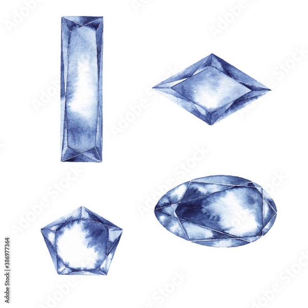 Fototapeta Set of cut jewelry white-blue stones. Four diamonds, ice peaces, crystals, brilliants in different geometric shapes. Watercolor hand painted isolated elements on white background.