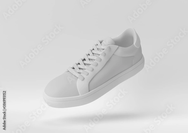 Fototapeta Creative minimal paper idea. Concept white shoe with white background. 3d render, 3d illustration.