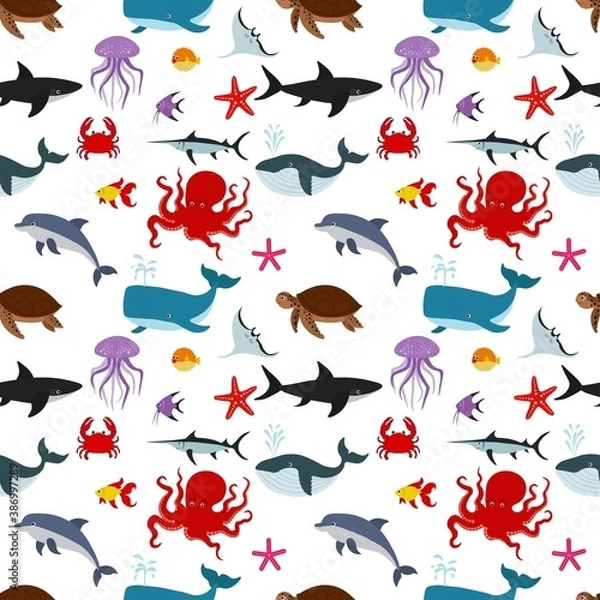 Fototapeta Beautiful seamless pattern with sea fish on a white background. Sea animals in a flat style. Cartoon wildlife for web pages.
Stock vector illustration for decor, design, textiles,
wallpaper