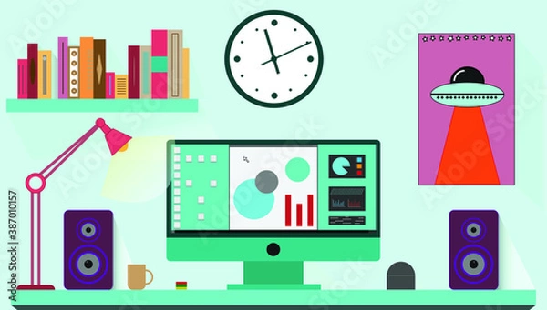 Obraz Vector image of the workroom with computer, books, poster, speakers and luminous