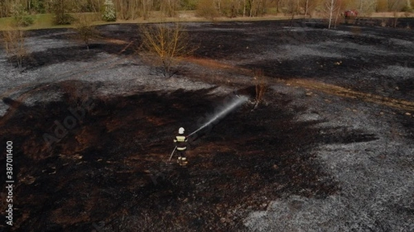Fototapeta Lone fireman extinguishing the remains of a wildfire in natural reserve Biebrza in Poland. High quality photo