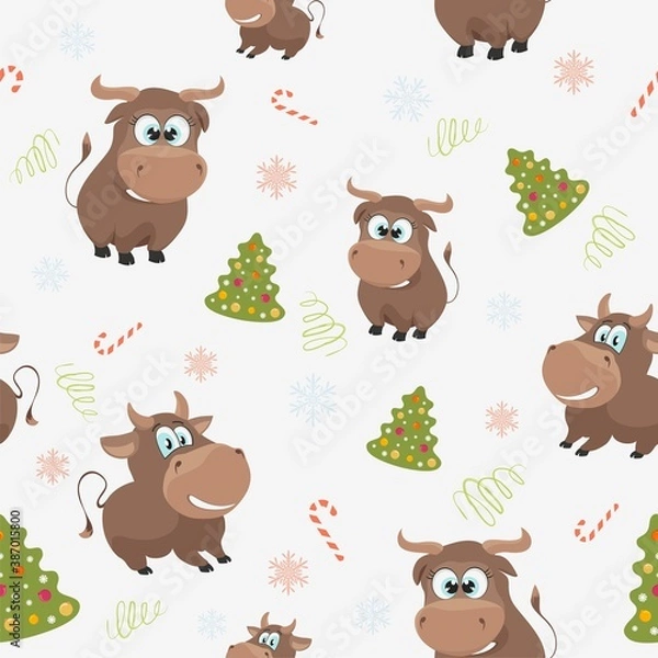 Fototapeta New Year Seamless pattern with cute bull.Printable background or endless decoration for Christmas design.