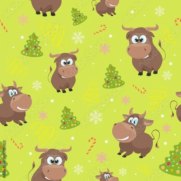 Fototapeta New year seamless background with a bull. Vector pattern for printing on fabric and clothing.