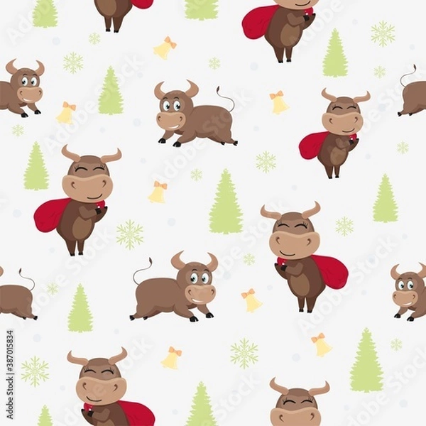 Fototapeta Beautiful vector new year pattern with bulls on a light background.