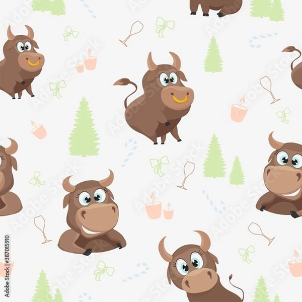 Fototapeta New year vector pattern with bulls for clothing design, fabric, packaging.