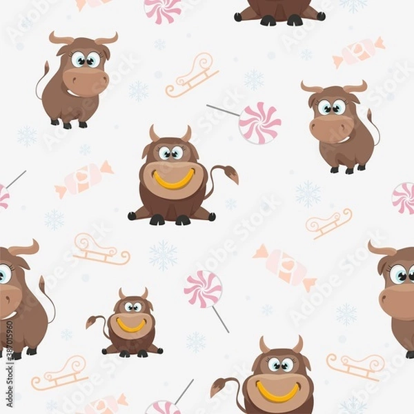 Fototapeta New year seamless pattern with cute bullhead. Printed background or endless decoration for Christmas design.