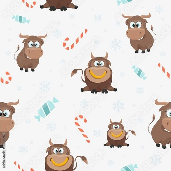 Fototapeta New year seamless background with a bull. Vector pattern for printing on fabric and clothing.