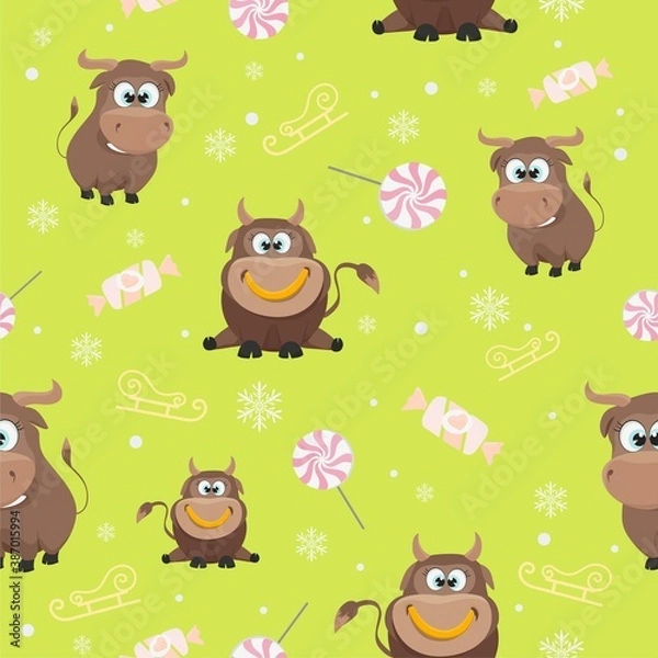 Fototapeta illustration with a new year's bull on a green background for design on clothing and fabric.