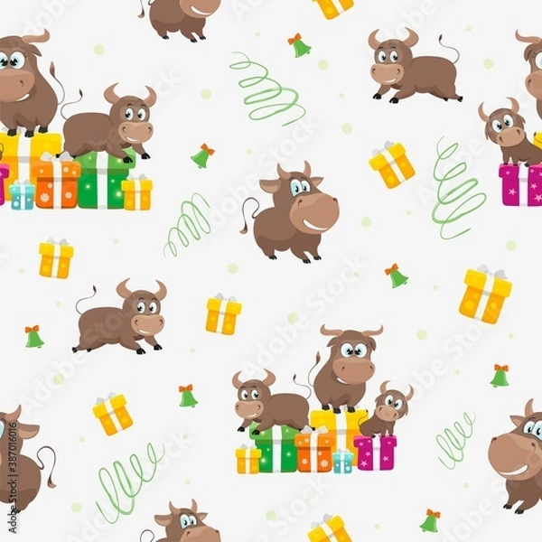 Fototapeta New year background with bull and gifts for design on fabric and clothing.