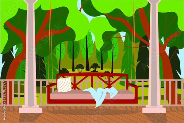 Fototapeta Summer terrace overlooking the forest. Summer trees. Vector illustration