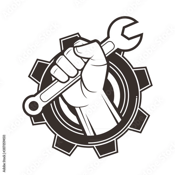 Fototapeta Vector logo, badge, symbol, icon template design with Tool and Hand Theme
