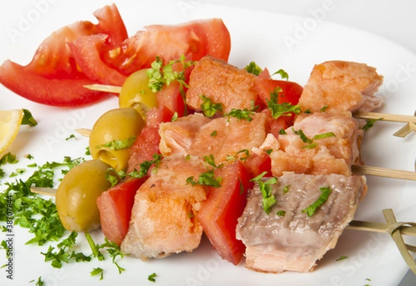 Fototapeta Close up of grilled salmon with vegetables