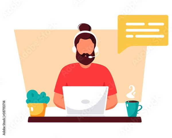 Obraz Man with headphones working on computer. Customer service, assistant, support, call center concept. Vector illustration.