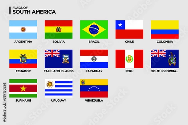 Fototapeta Vector flags of South America with country names. Vector illustration on grey background