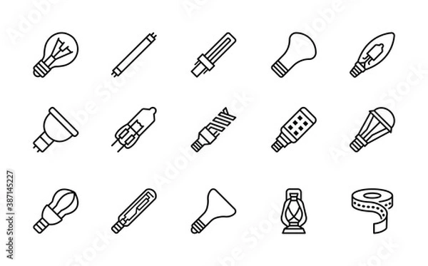 Fototapeta Lightbulb flat line icons set. Vector illustration different types of lamps. Editable strokes.