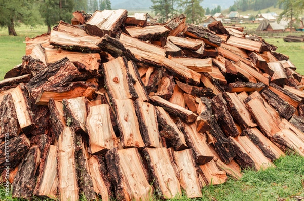 Fototapeta Firewood is stacked in autumn. Chopped pile of wood. Lots of wood from logs. Preparation of firewood for the winter. background texture pattern with stacked dry chopped firewood. Trees in the sawmill