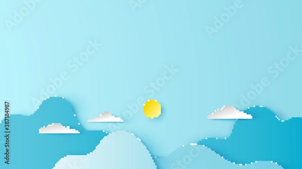 Obraz Illustration of mountain scenery with cloud in aerial view. Mountain and cloudy scenery on paper art style. paper cut and craft style. vector, illustration.