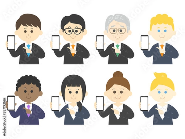 Fototapeta スマートフォンの画面を見せる人のイラストセット