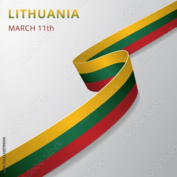Fototapeta Flag of Lithuania. 11th of March. Realistic wavy ribbon in colors of lithuanian flag. Independence day. National symbol. Vector illustration. EPS10.