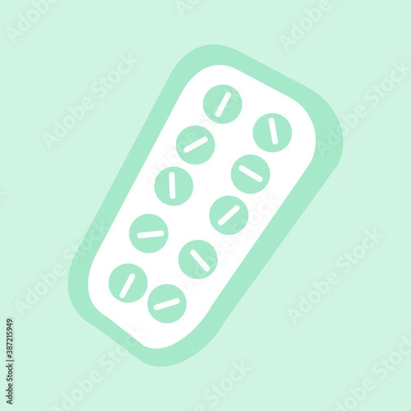 Obraz Set of tablet in packaging. Medical blister pack in flat style isolated on a turquoise background. Vector illustration.