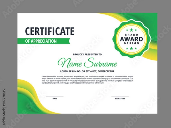 Fototapeta Abstract Smooth Certificate with Natural Green Yellow Wavy Element Design, Professional, Modern, Elegant Certificate Template Vector