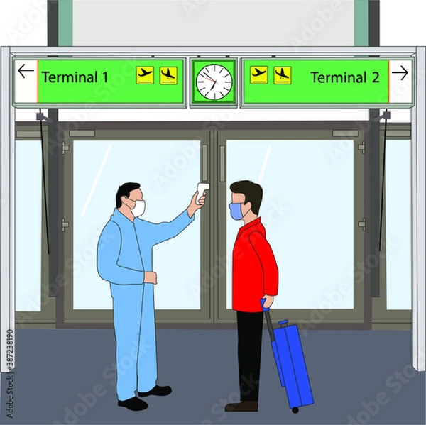 Fototapeta 
Ilustración vectorial que muestra una parte de la nueva normalidad en tiempos de coronavirus, un hombre está en el aeropuerto siendo revisado por alguien del personal tomando su temperatura