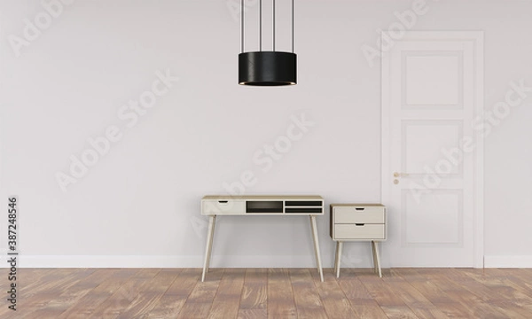 Fototapeta Modern workspace with desk and lamp in minimalistic interior