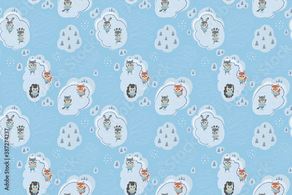 Fototapeta Cute winter childrens seamless pattern of animals skating on ice in the forest. Cartoon fox, squirrel, bear, raccoon, deer, hedgehog and hare on a gentle blue background. Vector.
