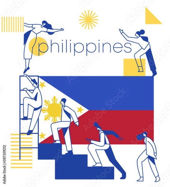 Fototapeta Group of office workers climbing the stairs of success with national flag and geometrical elements isolated on white background :  Vector Illustration