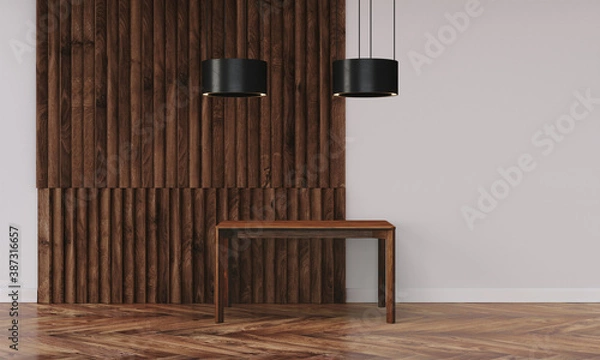 Fototapeta Modern workspace with desk and lamp in minimalistic interior