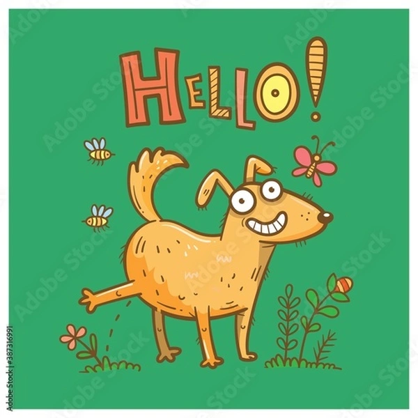 Fototapeta Сard with cute cartoon dog peeing on grass. Funny puppy in nature. Joyful animal for a walk. Vector line art. Comic pet print.
