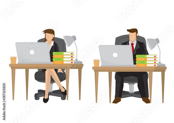 Fototapeta Business man and woman in suit working on a laptop computer on their working desk in the office. Concept of employee working. Vector illustration.