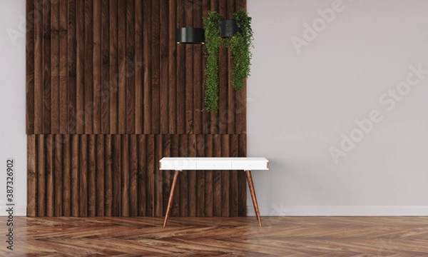 Fototapeta Modern workspace with desk and lamp in minimalistic interior