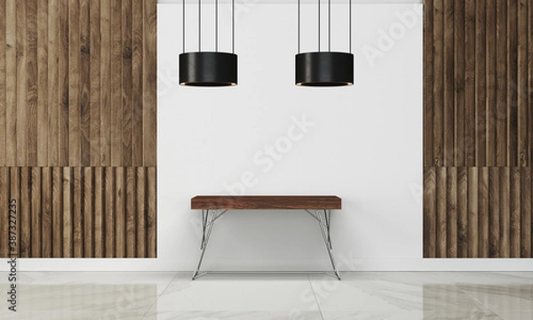 Fototapeta Modern workspace with desk and lamp in minimalistic interior