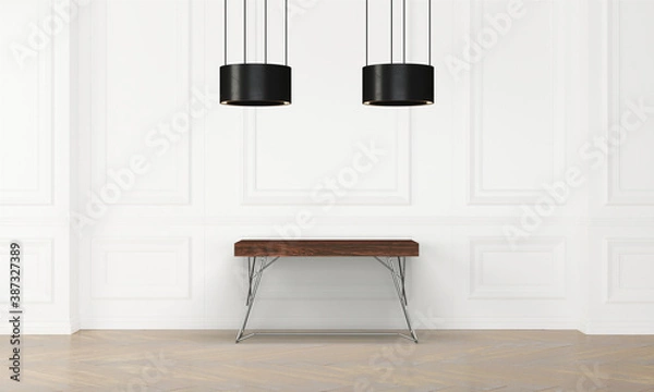 Fototapeta Modern workspace with desk and lamp in minimalistic interior