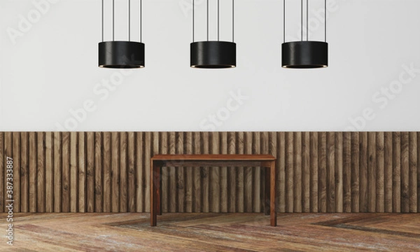 Fototapeta Modern workspace with desk and lamp in minimalistic interior