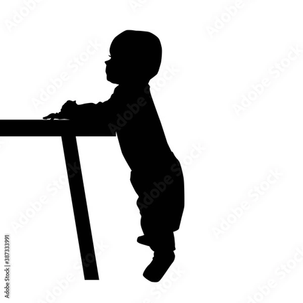 Fototapeta eight months babystanding at table from profile, child evolution, vector silhouette isolated on white background