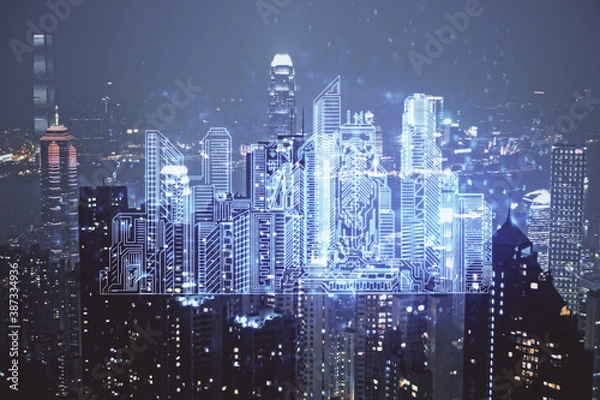 Fototapeta Double exposure of buildings hologram over cityscape background. Concept of smart city.