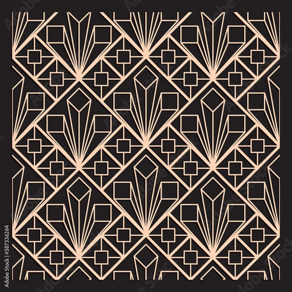 Obraz Laser cutting interior panel. Art Deco vector design. Plywood lasercut square tiles. Square seamless patterns for printing, engraving, paper cut. Stencil lattice ornament. Decal. Fence.