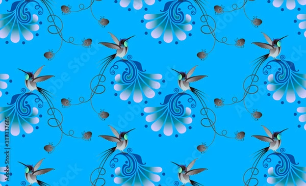 Fototapeta Ornament from hummingbirds and abstract flowers. Seamless pattern. Vector graphics