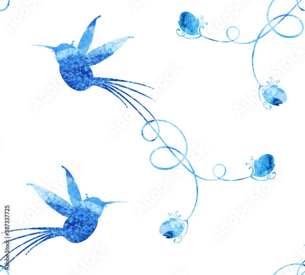 Fototapeta Watercolor silhouette of a hummingbird on a white background. Seamless pattern. Vector graphics